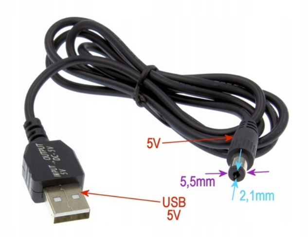 Adapter USB Wtyk DC 5.5x2.1mm 5V-5V